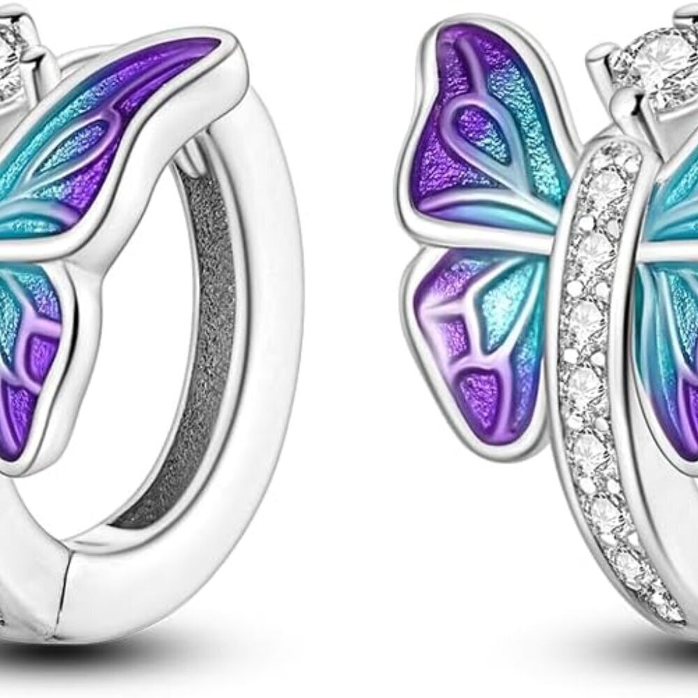 Sterling Silver Hoop Earrings Women Cubic Zirconia Butterfly Small Jewelry
